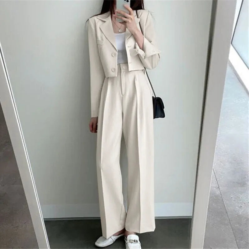 maoxiangshop Two Piece Sets Women Outifits Fall Office Lady Pants Korean Blazer Suits Long Sleeve Fashion Coat Black High Waisted Pants