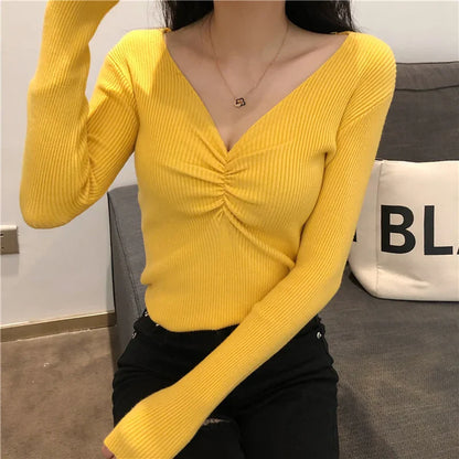 maoxiangshop Sexy V Neck Women Sweater Autumn Knitted Pullover Jumper Chic Soft Korean Slim Long Sleeve Female Basic Top New