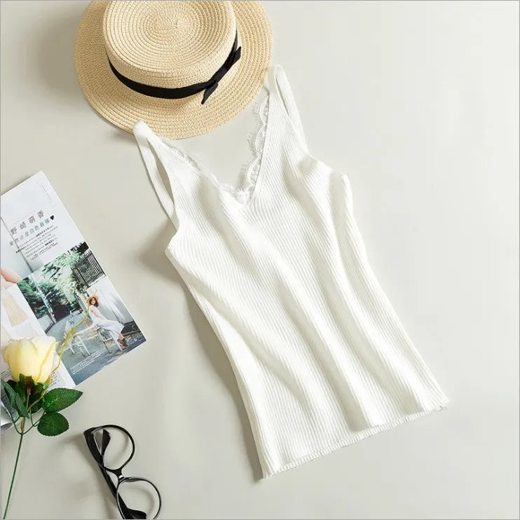 maoxiangshop Women Hook Flower Lace Tank solid Stitching V-neck Camis Female Knitted Short Slim Sleeveless Shirt Tank Casual Tops