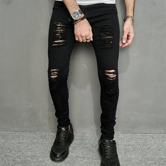 maoxiangshop Streetwear Ripped Slim Men Pencil Jeans Pants Stylish Male Hip Hop Stretch Holes Casual Denim Trousers