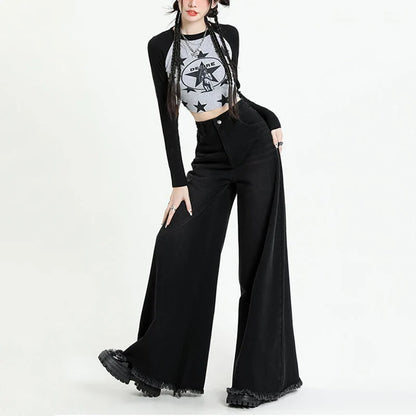 Women High Waist Jeans Spring Korean Fashion Tassel Wide Leg Pants Harajuku Female Streetwear Loose Denim Trousers New