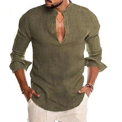maoxiangshop Mens Button Down Shirt Linen Cotton Shirts Casual Long Sleeve Spread Collar Lightweight Beach Solid Color Tops
