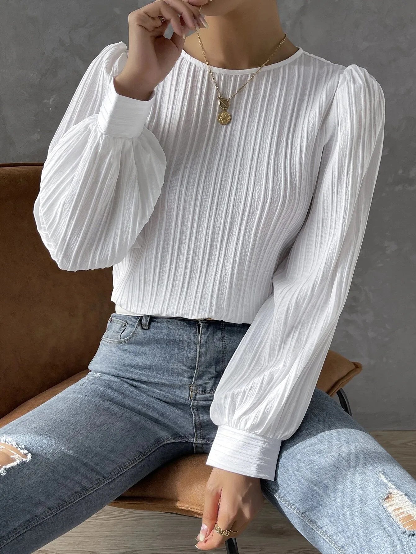 maoxiangshop Fall New Casual Solid Round Neck Long Sleeve Shirts White Women's Blouses