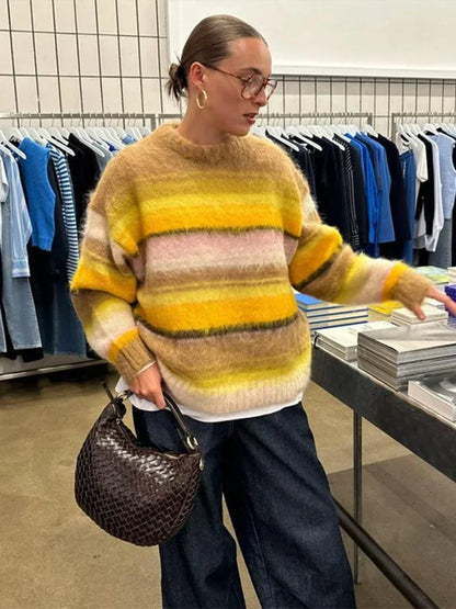 maoxiangshop  -  Fashion Contrast Stripled Sequins Women Sweater Autumn Lady Vintage O-neck Long Sleeve Pullover Warm Fluffy Knitted Jumpers
