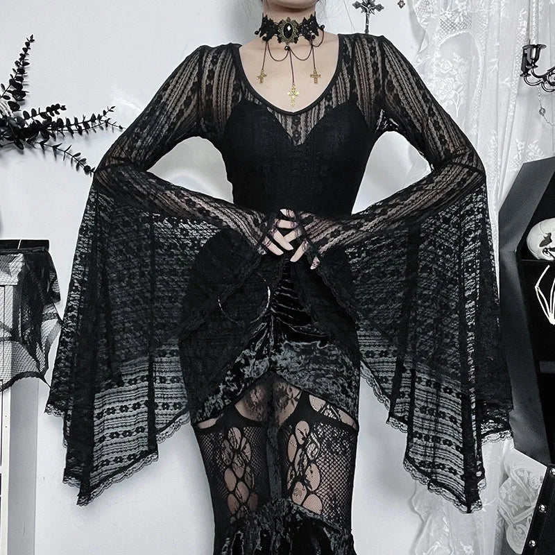 maoxiangshop Lace See Through Mall Gothic Aesthetic Bodysuits Flare Sleeve Grunge Sexy Women Tops Punk Bodycon V-neck Alt Bodysuit