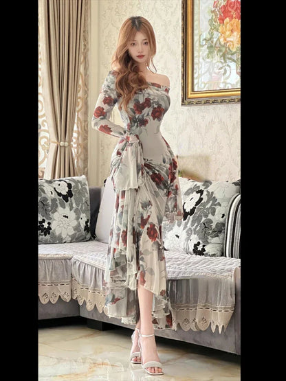 2024 Summer French Vintage Boho Print Midi Dress Women Casual Elegant One Shoulder Dress Korean Fashion Even Party Female Chic