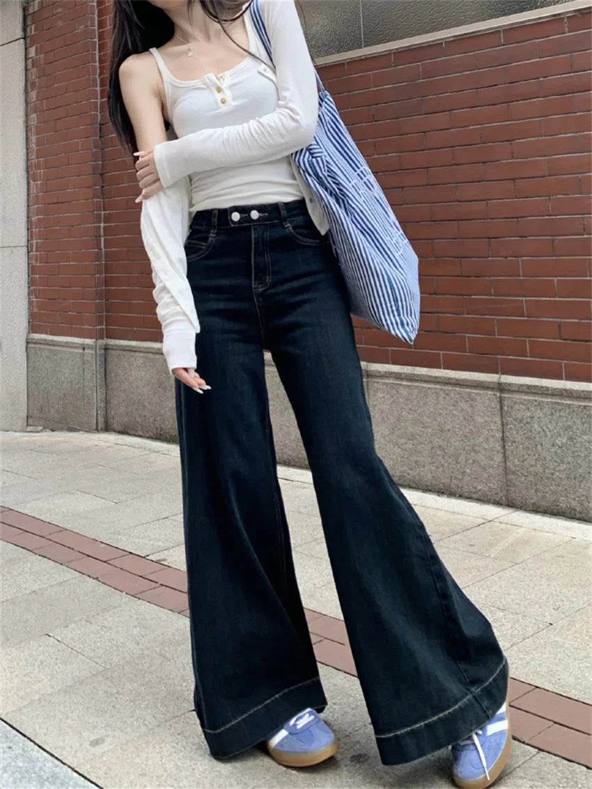 maoxiangshop  -  Winter Flare Jeans High Waist Denim New Loose Mopping Chic Plush Slim 2025 OL Fashion Casual Wide Leg All Match