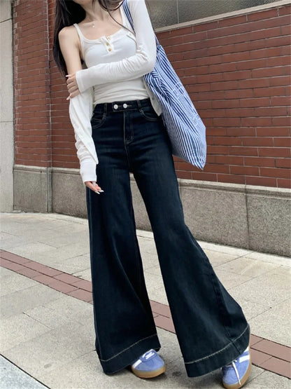 maoxiangshop  -  Winter Flare Jeans High Waist Denim New Loose Mopping Chic Plush Slim 2025 OL Fashion Casual Wide Leg All Match