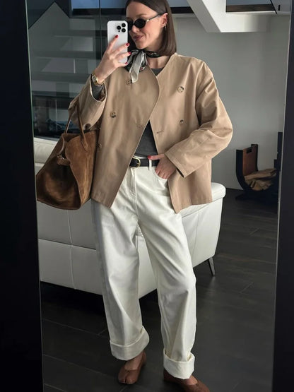 maoxiangshop  -  Fashion Solid Color Double-breasted V-neck Women's Jacket Casual Long Sleeved Versatile Coats New Autumn Commute Outerwear 2024
