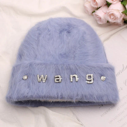 maoxiangshop New Fashion Rabbit Fur Y2k Beanies for Women Soft Warm Fluffy Angola Winter Hat Female Windproof Bonnet Hat Skullies Cap