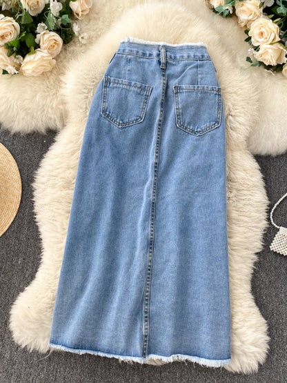 maoxiangshop Long Denim Skirt for Women maoxiangshop Korean Fashion Vintage Tassels High Waist Single Breasted A-line Jeans Skirt with Pockets