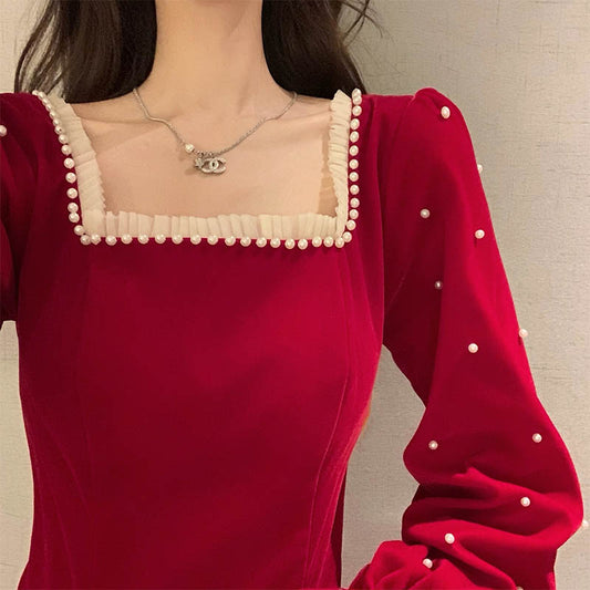 maoxiangshop Red France Vintage Dresses Women Winter Elegant Evening Party Midi Dresses New Year Casual Designer Korean One-Piece Dress Christmas