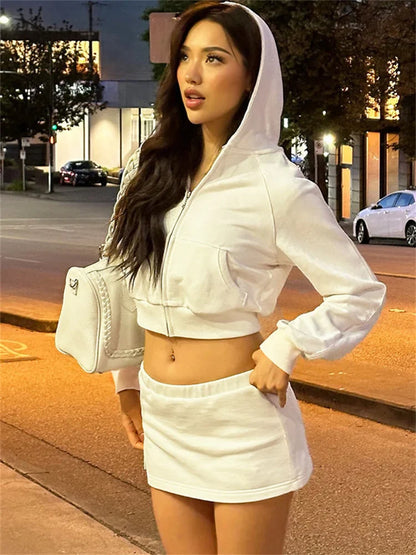 maoxiangshop  -  Autumn Fashion Hoodie 2 Piece-Set Skirt Female Cropped Zipper Cardigan Top And Skirt Sets Tracksuit Women's Sexy Outfits