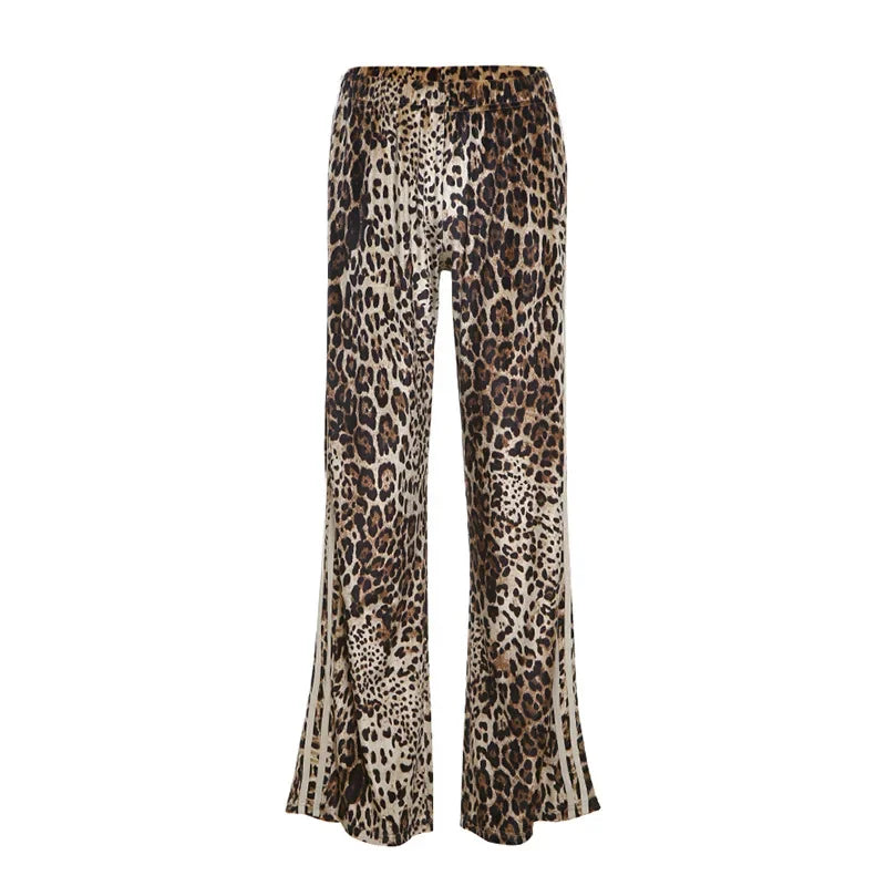 maoxiangshop  -  Striped Leopard Print Velvet Wide Leg Pants 2024 Fall Winter Women Elastic High Waist Loose Casual Trousers Streetwear Bottoms