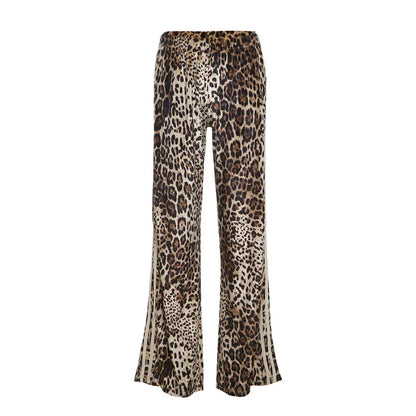 maoxiangshop  -  Striped Leopard Print Velvet Wide Leg Pants 2024 Fall Winter Women Elastic High Waist Loose Casual Trousers Streetwear Bottoms