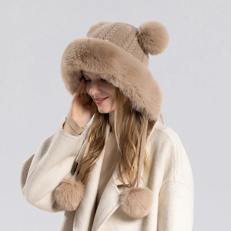 maoxiangshop  -  Winter Pompoms Hat for Women Plush Lining Thickened Warm Knit Beanies Bonnet Outdoor Windproof Ear Protection Skiing Woolen Caps