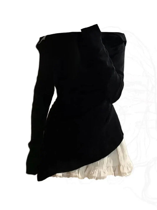 maoxiangshopHigh Quality Outfits 2 Piece Skirt Set Slash Neck Luxury Long Sleeved Top + Elastic Waist A-Line Skirt Coquette Autumn Winter