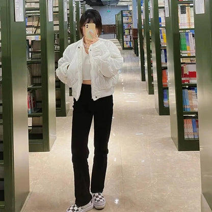 maoxiangshop  -  Short Parkas Women Streetwear Solid Cropped Down Coats Korean Fashion Puffer Jacket Winter Casual Zipper Cotton Padded Outwears