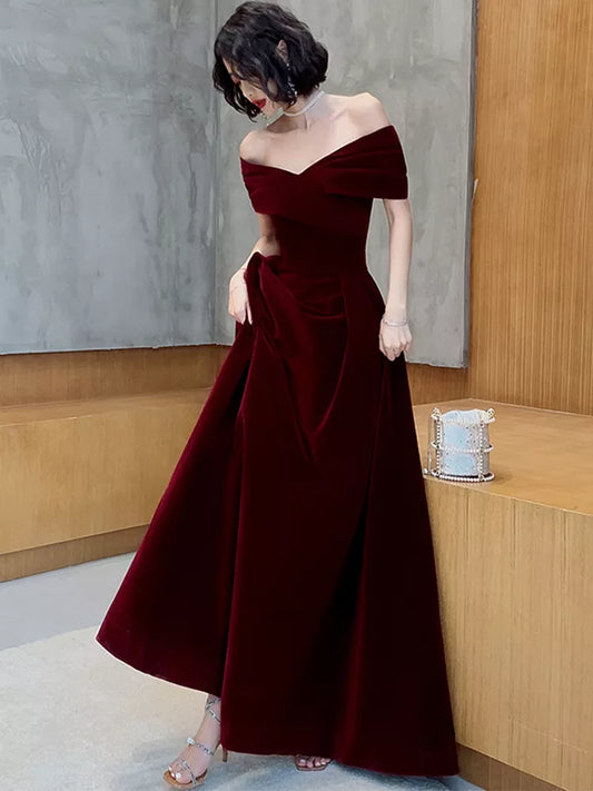 maoxiangshop Spring Long Luxury Elegant Wine Red Soft Velvet Evening Party Wedding Dresses for Women Off Shoulder Maxi Dress