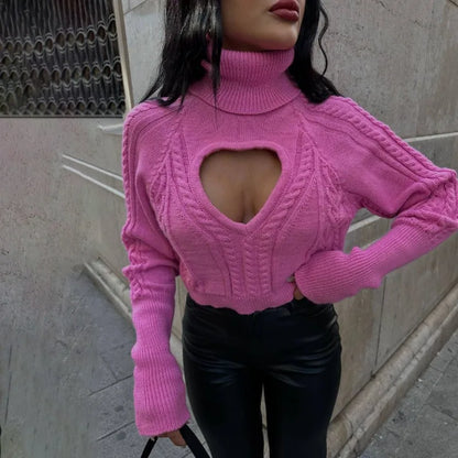 maoxiangshop  -  Women's Sweater Sexy Turtle Neck Love Hollow Pullover Sweater Autumn Winter Twist Knitted Short Street Casual Top Female