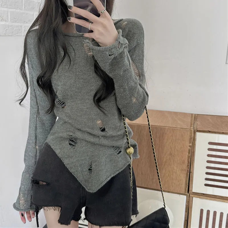 maoxiangshop Vintage Hollow Out Sweaters Women Fashion Irregular Harajuku Streetwear Knit Jumpers Female Thin Loose Lazy Wind Pullovers