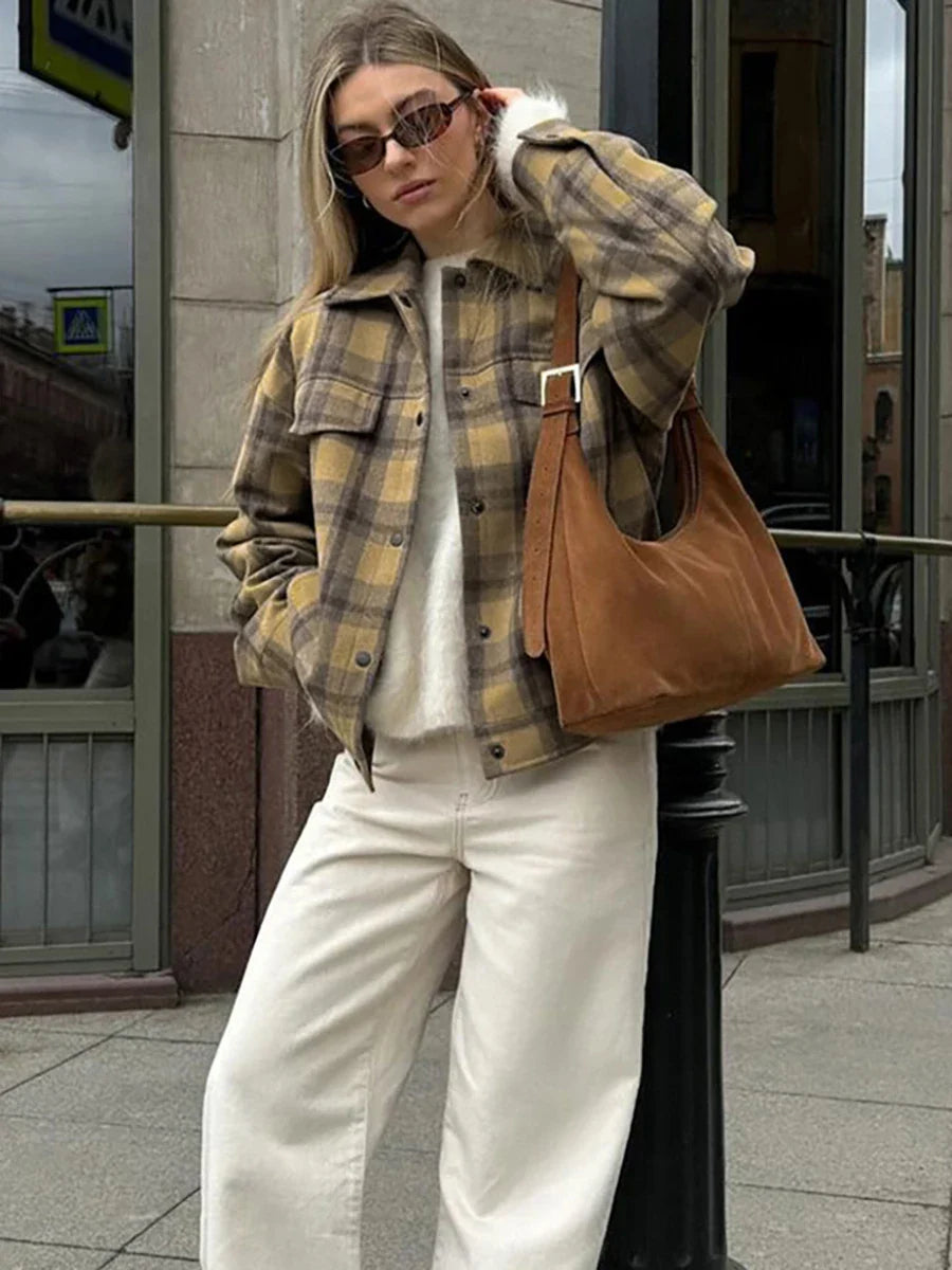 maoxiangshop  -  2024 New Plaid Contrast Jacket Women Autumn Winter Single Breasted Long Sleeve Outerwear Female Streetwear Vintage Fashion Coat