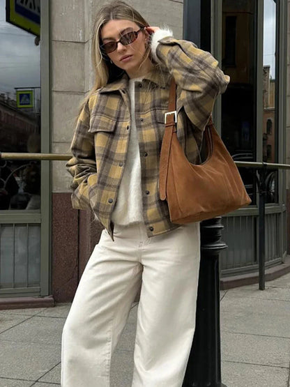 maoxiangshop  -  2024 New Plaid Contrast Jacket Women Autumn Winter Single Breasted Long Sleeve Outerwear Female Streetwear Vintage Fashion Coat