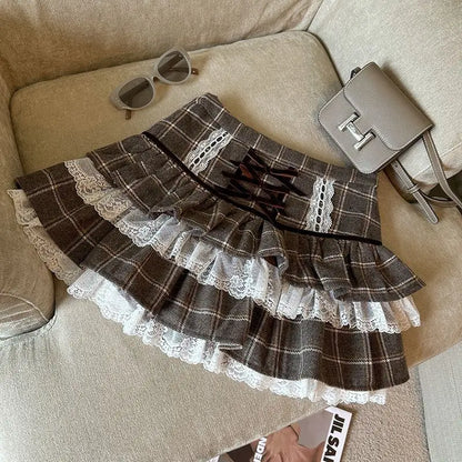 maoxiangshop  -  Kawaii Ruffle Lace Plaid Skirts Women Sweet Elegant Mini Skirt Cutecore Autumn Winter Patchwork A-line Short Skirts