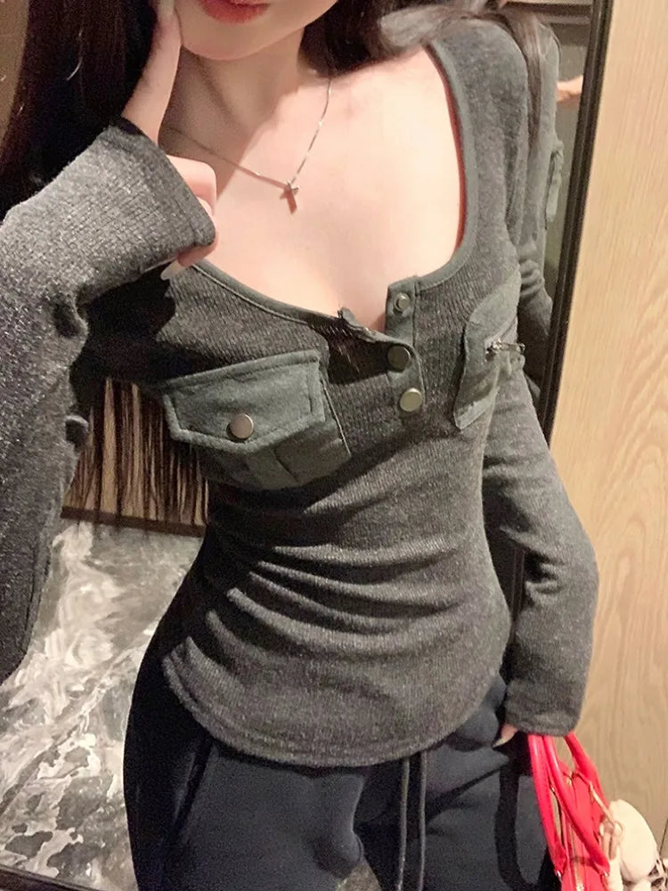 maoxiangshop  -  Y2k Gray Long Sleeve T-shirts for Women White Knitted Base Shirt Pockets Safari Style Slim Low O-neck Autumn Clothes New