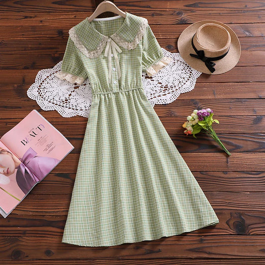 maoxiangshop girl plaid vestidos New summer fashion short sleeve women kawaii dress