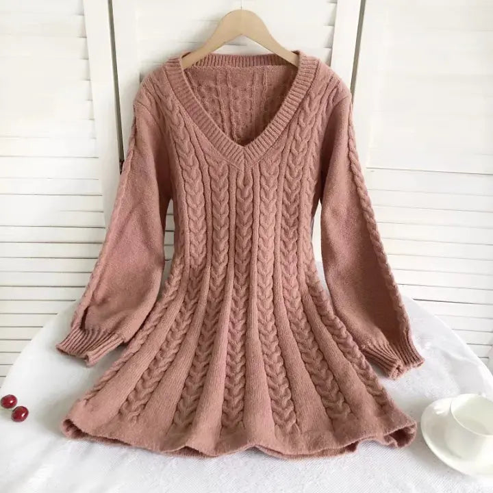 Twist Knitted Dress Women V Neck Lantern Sleeve Mini Female A-line Dresses 2024 Early Spring Solid All-match Lady Short Robe