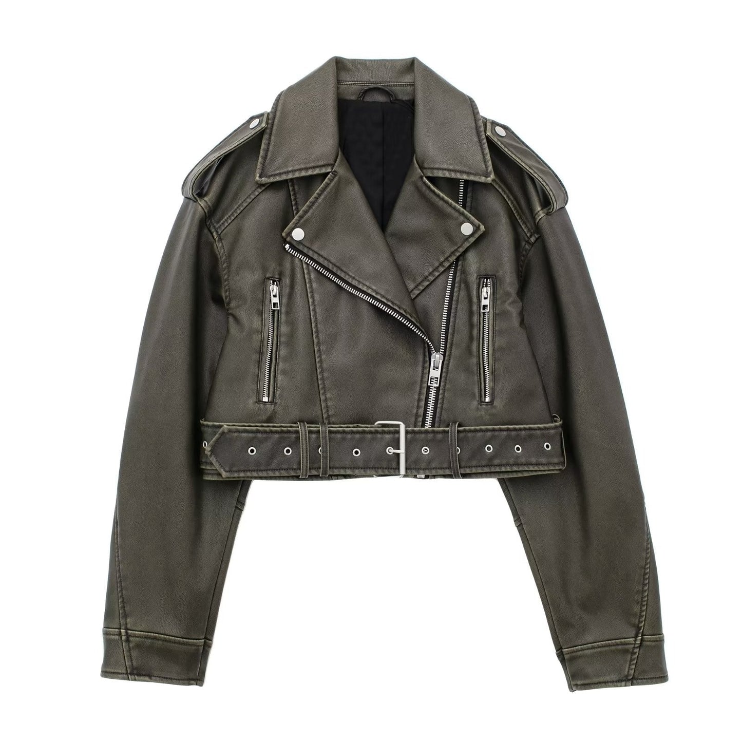 maoxiangshopWomen Vintage Loose Pu Faux Leather Short Jacket with Belt Streetwear Female Zipper Retro Moto Biker Coat Outwear Tops