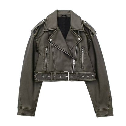maoxiangshopWomen Vintage Loose Pu Faux Leather Short Jacket with Belt Streetwear Female Zipper Retro Moto Biker Coat Outwear Tops