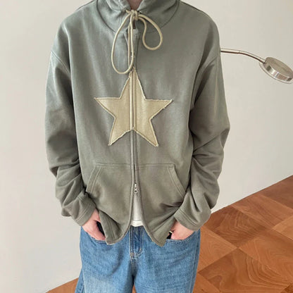 Y2K Vintage Star Patched Zip Up Hoodies 2000s Retro Harajuku Grunge Sweatshirt Korean Fashion Autumn Spring Outerwear Coat