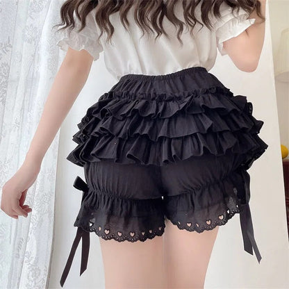 maoxiangshop Black White Ruffle Knickers Women Kawaii Pumpkin Panties Cute Lace Bowknot Lolita Safety Shorts Pants Vintage Victorian Bloomers