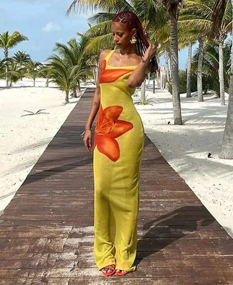 Flower Printed See Through Sleeveless Dress Women Fashion Diagonal Collar Long Robes Summer Female Beach Holiday Dresses