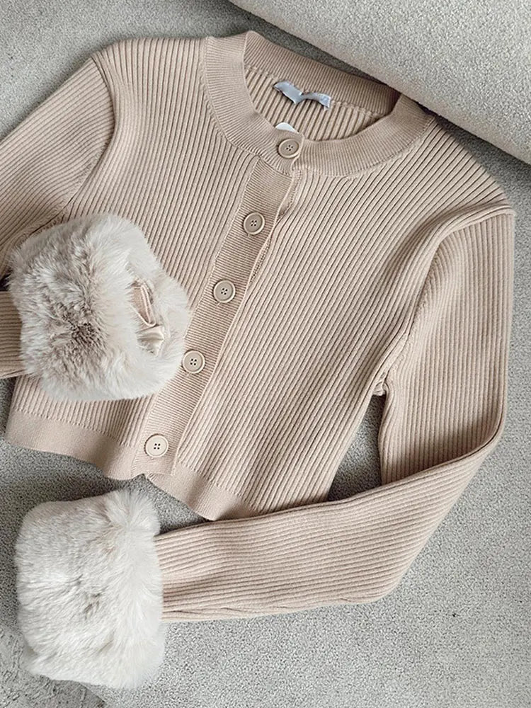 maoxiangshop Women Korean Fashion Cardigan Round Neck Single Breasted Short Knitwear Sweater Elegant Spring Autumn Office Lady Sweaters