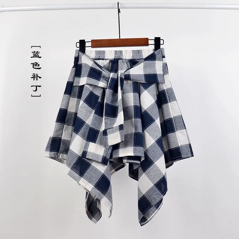 maoxiangshop Summer Casual Retro Irregular Women Skirt Bow-knot Elastic Waist Shirt Style Blue White Lattice Mini A-line Shortskirt Female