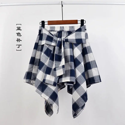 maoxiangshop Summer Casual Retro Irregular Women Skirt Bow-knot Elastic Waist Shirt Style Blue White Lattice Mini A-line Shortskirt Female