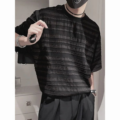 maoxiangshop Striped Mesh T-shirts for Men Beach Short Sleeve Tee Male Summer Translucent Breathable Tops O-neck Casual Streetwear