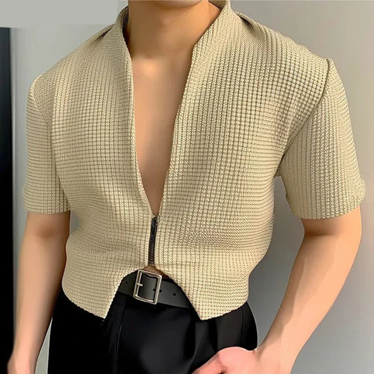maoxiangshop 2024 Men Shirt Solid Color V Neck Short Sleeve Zipper Streetwear Men Clothing Stylish Casual Irregular Crop Tops S-5XL
