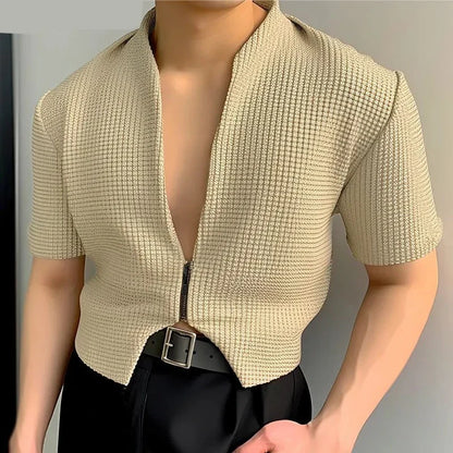 maoxiangshop 2024 Men Shirt Solid Color V Neck Short Sleeve Zipper Streetwear Men Clothing Stylish Casual Irregular Crop Tops S-5XL