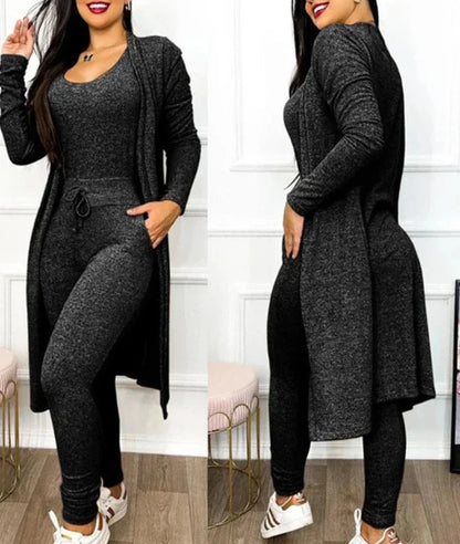 maoxiangshop Drawstring Pocket Design Jumpsuit & Coat Set Autumn Women One Piece Long Pants Jumpsuit High Waist Coats Two Piece Sets