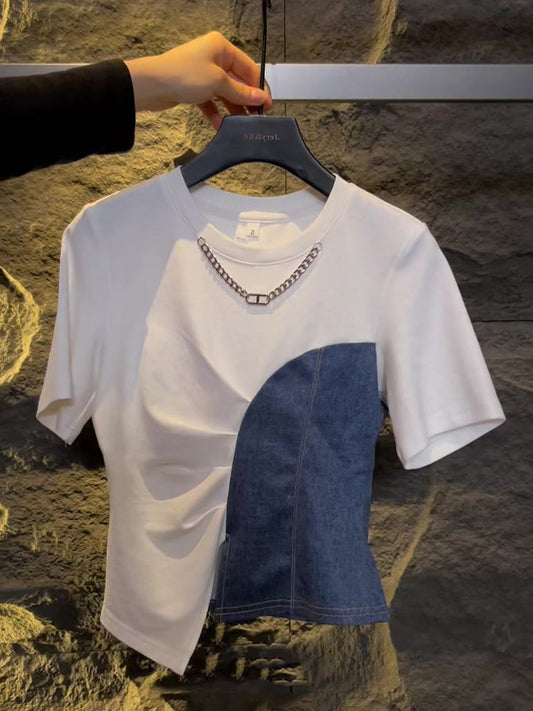 maoxiangshopCowboy Patchwork Pleated Short-sleeved T-shirt Female Summer Irregular Stretch Cotton Tops Y2k Top Shirts for Women