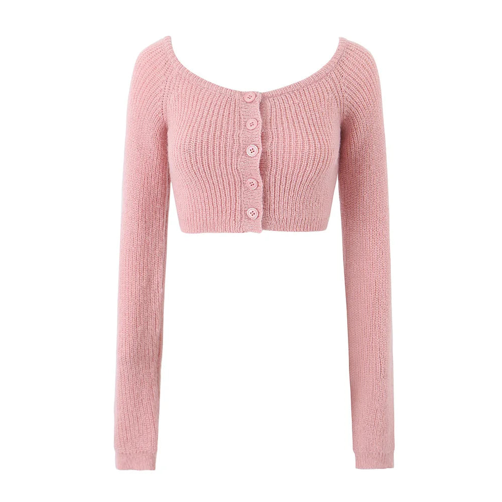 maoxiangshop -  Korean fashion pink cardigans for woman sexy cropped sweaters for women Winter clothes long sleeve top korean knitted