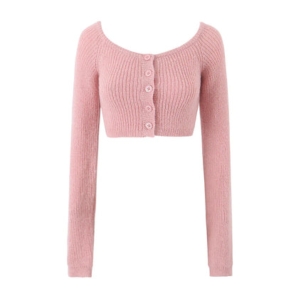 maoxiangshop -  Korean fashion pink cardigans for woman sexy cropped sweaters for women Winter clothes long sleeve top korean knitted