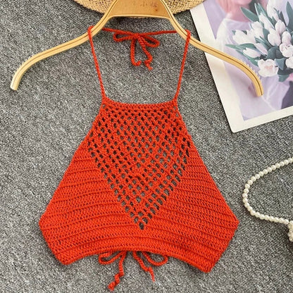 maoxiangshop Summer Knit Camisole Women Hollow Out Design Solid Backless Halter Retro Fashion 2024 Ladies Sexy Beach Slim Tank Top