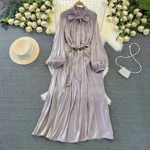 maoxiangshop Frenchic Vintage Long Dress Women Lace-up Bow Collar Lantern Sleeve Female Vestidos De Mujer Spring Elegant Dresses