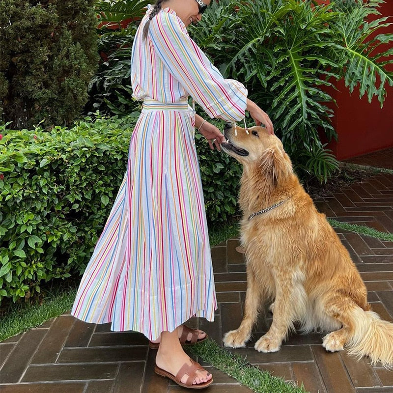 maoxiangshop Retro Rainbow Color Stripe Boho Dress Women Elegant V-neck Print Long Dress Casual 3/4 Sleeve Loose Beach Dress Cover Up