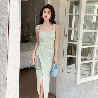 maoxiangshop Sexy Square Collar Midi Dresses Women New Summer Sleeveless Splitting Evening Female Clothes Korean Elegant Party Sundress